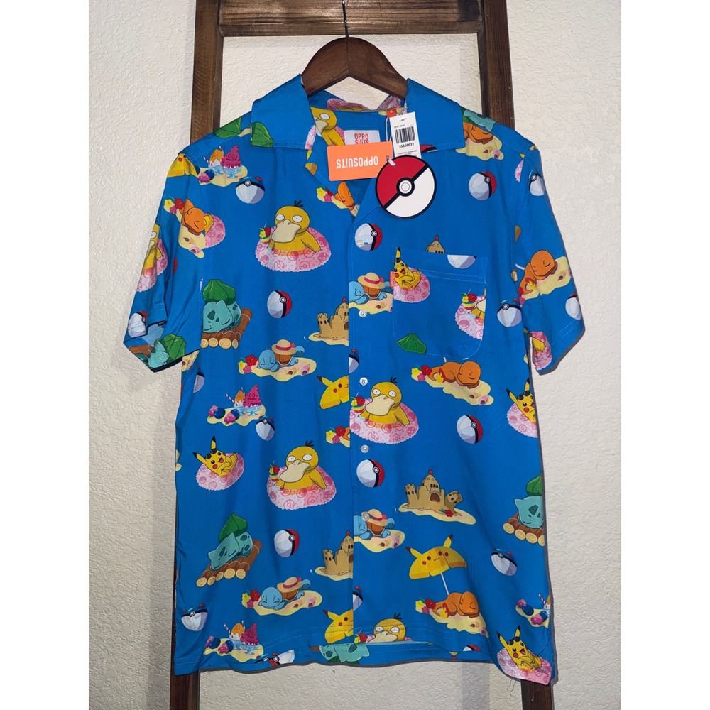 OppoSuits Pokemon Swimming Woven Shirt Blue Pikachu Psyduck Small NEW